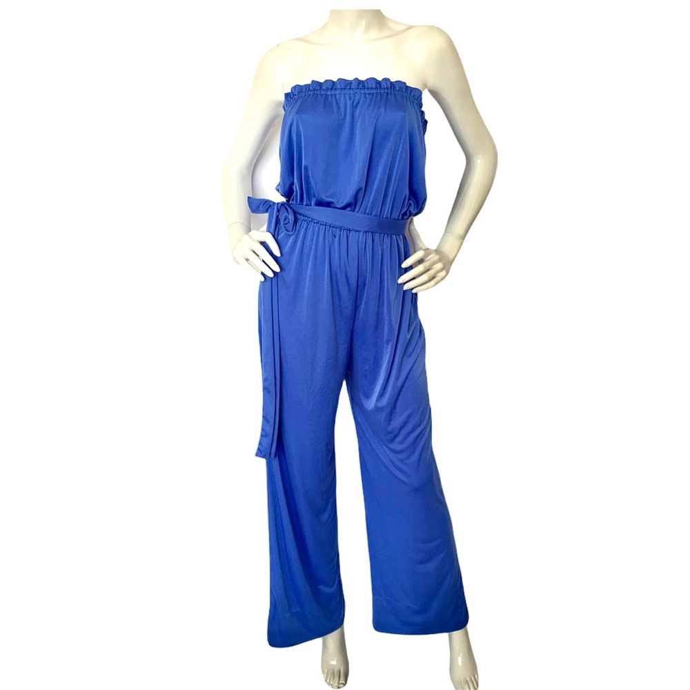 Vintage Blue Jumpsuit Strapless Belted Wide Leg Romper Playsuit Pantsuit